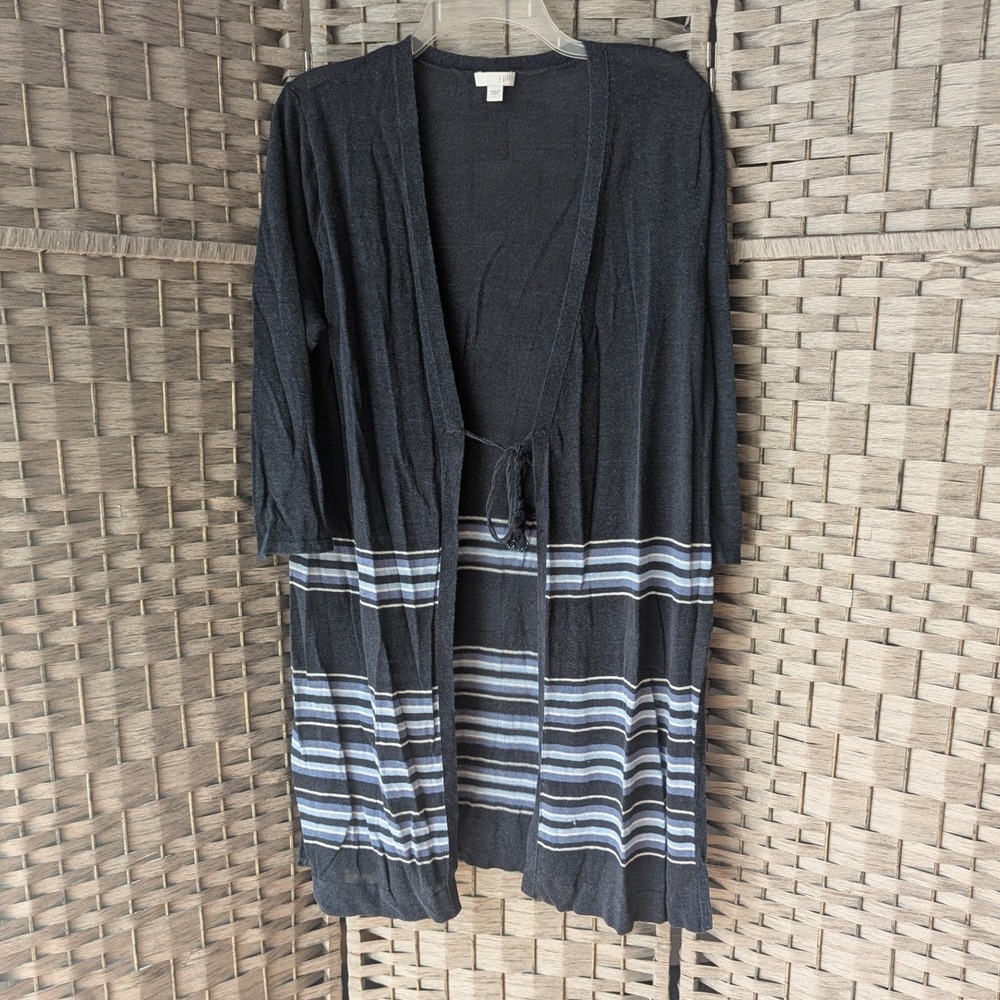 J. Jill Cardigan‎ Navy Blue Striped Beaded Tassel Tie Front Linen Blend Lg Boho